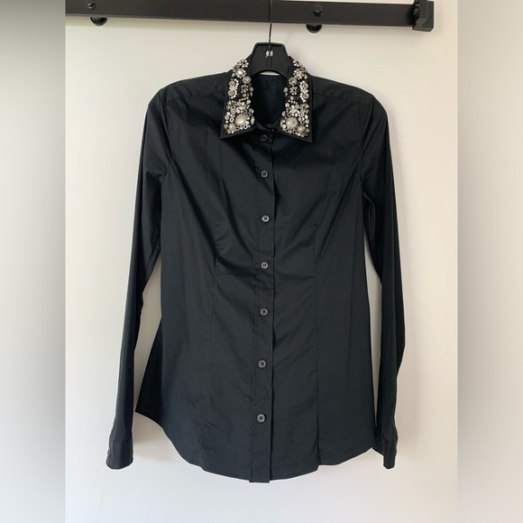 DESIGNER PRADA BLACK SHIRT W EMBROIDERED COLLAR - Picture 2 of 14